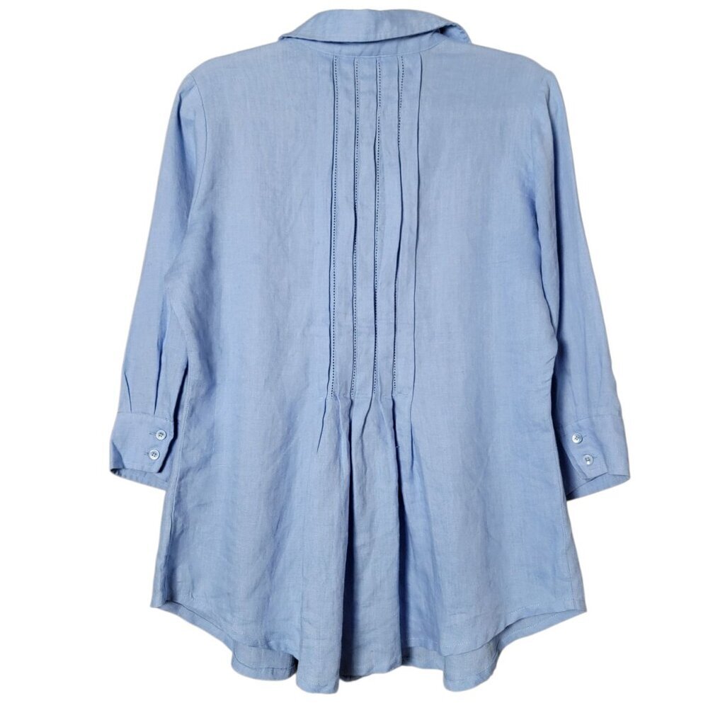 Coldwater Creek Womens Blue Linen Boho Pintuck 3/4 Sleeves Button Front Top M - Picture 4 of 10